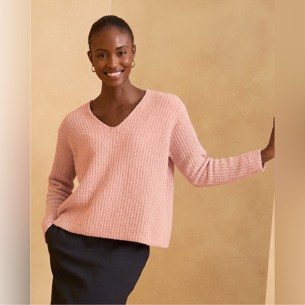 NWT EILEEN FISHER Organic Cotton V-Neck Sweater Sz XL Color Powder